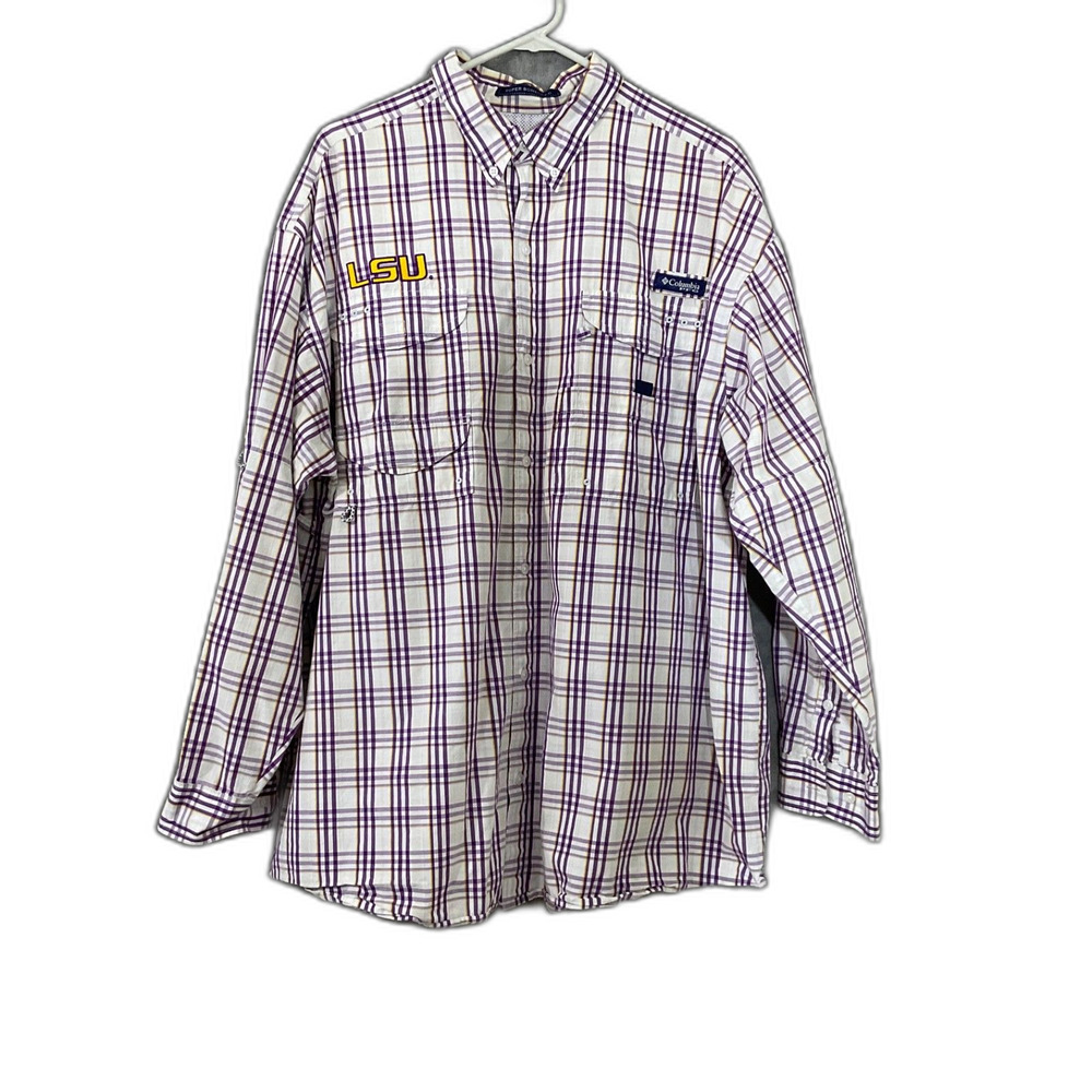 LSU Tigers Plaid Shirt Mens XL Columbia PFG Omni Shade Fishing Super Bonehead